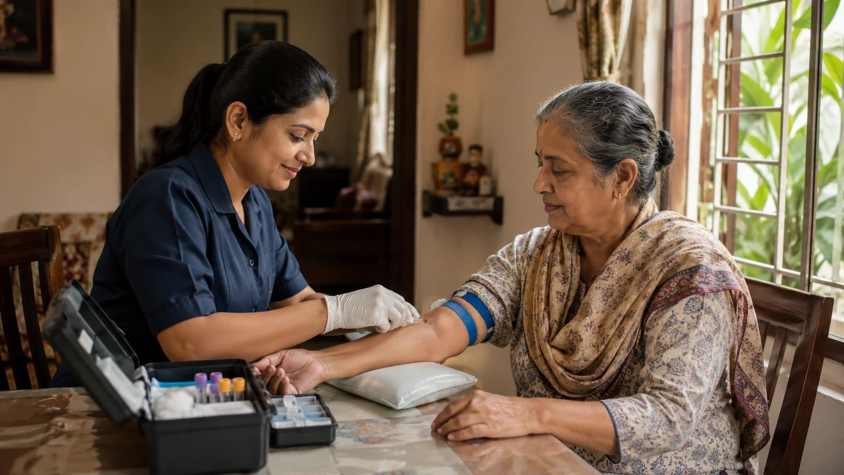 MAXcare phlebotomist collecting blood sample at home